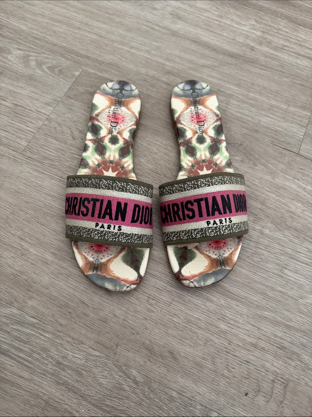 Dior Pink and Olive Logo Slide Sandals